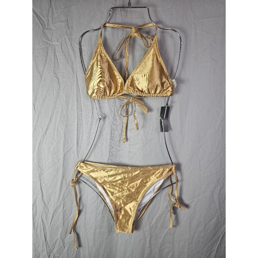 Tempt Me Womens Metallic Gold Triangle Bikini Set Side Tie Two Piece Swimsuit M
